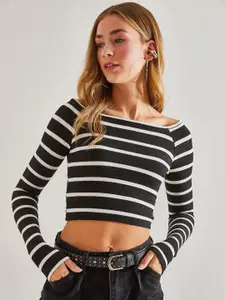 BIANCO LUCCI Striped Off-Shoulder Cotton Crop Fitted Top