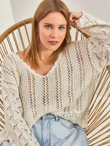 BIANCO LUCCI Self Design V-Neck Extended Sleeves Top