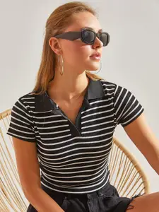 BIANCO LUCCI Striped Shirt Collar regular Sleeves Crop Top