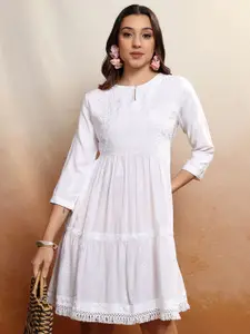 Vishudh Women Floral Embroidered Keyhole Neck Tiered Fit & Flare Dress