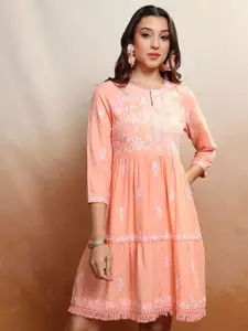 Vishudh Coral Floral Embroidered Keyhole Neck Gathered Fit & Flare Dress