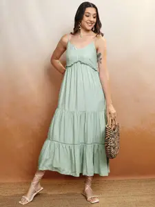Vishudh GREEN V-Neck Shoulder Straps Tiered Maxi Dress
