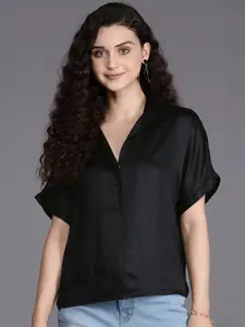 SHAYE Plus Size Spread Collar Comfort Satin Casual Shirt