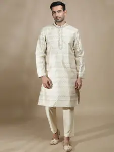 FILORI STUDIO Chevron Printed Mandarin Collar Thread Work Art Silk Brocade Straight Kurta