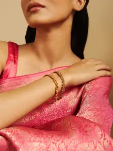 Kushal's Fashion Jewellery Set Of 2 Gold-Plated Stone Studded Bangles