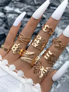 Jewels Galaxy Set Of 9 Gold Plated Adjustable Finger Rings