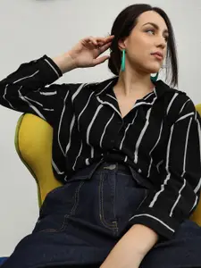 PINACOLADA Spread Collar Long Sleeves Striped Cotton Oversized Casual Shirt