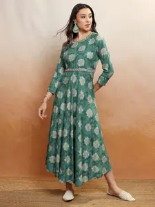 Vishudh Green Ethnic Motifs Printed A-Line Midi Dress