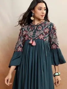 Vishudh Teal Blue Floral Embroidered Tie-Up Neck Bell Sleeves Tiered Midi Ethnic Dress