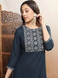 Vishudh Blue Ethnic Motifs Yoke Design Round Neck Thread Work Straight Kurta