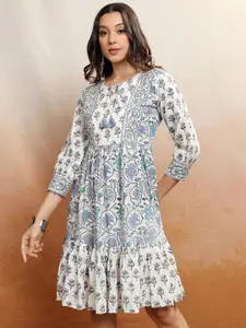 Vishudh Blue Floral Printed Cotton Fit & Flare Dress