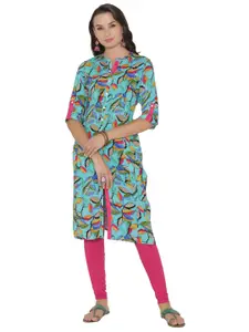 Shree Women Blue & Mustard Yellow Printed Straight Kurta