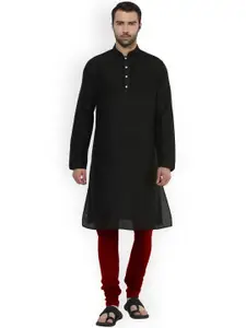 KISAH Men Black & Maroon Solid Kurta with Churidar