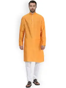 KISAH Men Yellow & White Solid Kurta with Churidar