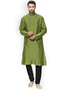 KISAH Men Olive Green Solid Kurta with Churidar