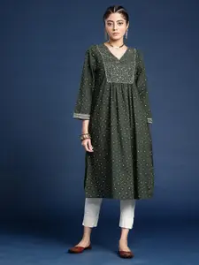 Taavi Bindu Geometric Printed Yoke Design Sequinned A-Line Pure Cotton Kurta