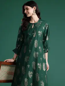 Sangria Floral Print Pure Cotton Tie-Up Neck A-Line Kurta