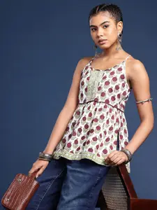 Taavi Pure Cotton Indie Floral Print Shoulder Straps Sanganeri Folk A-line Top