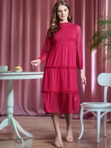 DressBerry Schiffli Smocked Tiered A-Line Midi Dress