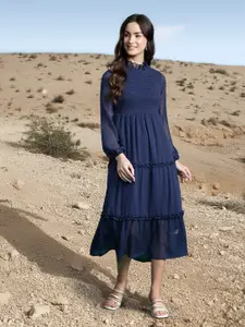 DressBerry Schiffli Smocked Tiered A-Line Midi Dress