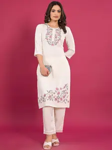 Anouk White Floral Embroidered Round Neck Regular Straight Thread Work Modal Kurta