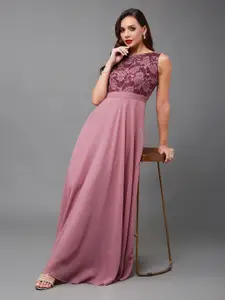 Miss Chase Round Neck Floral Self Design Georgette Maxi Dress