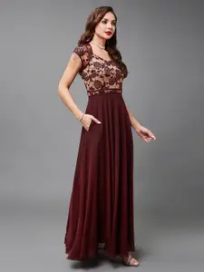 Miss Chase Floral Embroidered Sweetheart Neck Georgette Maxi Dress