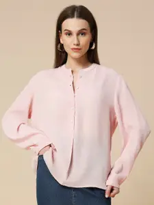 Chemistry Self Design Mandarin Collar Puff Sleeves Casual Shirt