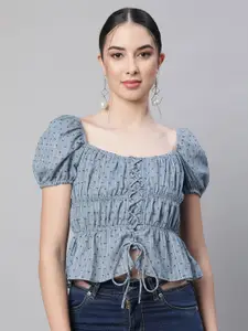 Global Republic Self Design Square Neck Puff Sleeve Cinched Waist Crop Top