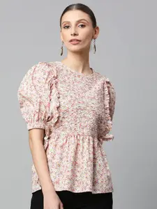Global Republic Floral Print Puff Sleeve Cotton Cinched Waist Top