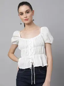Global Republic Striped Puff Sleeve Cinched Waist Top