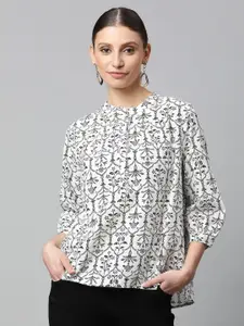 Global Republic Floral Printed Mandarin Collar Puff Sleeve Cotton Top