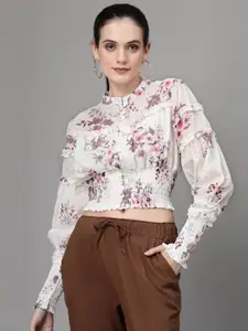 Global Republic Floral Printed Mandarin Collar Smocked Blouson Crop Top