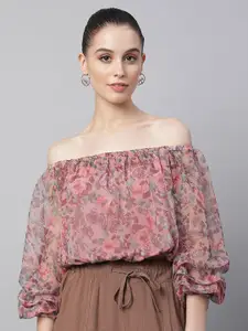 Global Republic Floral Printed Off-Shoulder Puff Sleeve Bardot Top