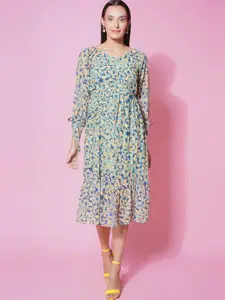 BAESD V-Neck Floral Printed Georgette Fit & Flare Midi Dress
