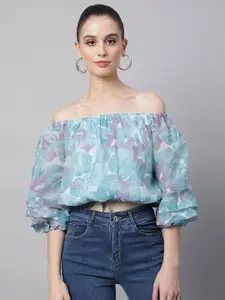 Global Republic Floral Print Off-Shoulder Puff Sleeve Bardot Crop Top
