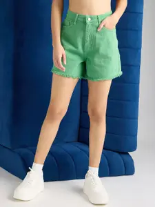 FREAKINS Women Green High-Rise Cotton Casual Raw Edge Denim Shorts