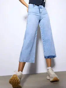 FREAKINS Women Wide Leg High-Rise Clean Look Pure Cotton Cropped Jeans