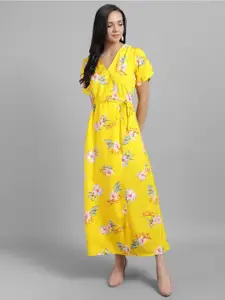 TANDUL Floral Printed V-Neck Sleeves Wrap Maxi Dress