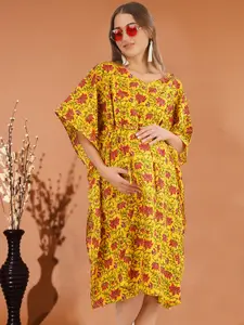 angloindu Floral Print Kimono Sleeve Gathered Cotton Maternity Kaftan Midi Dress