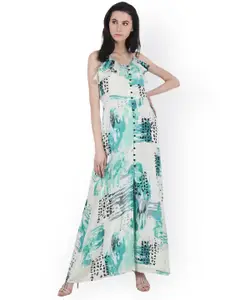 SCORPIUS Women Off-White & Green Printed Maxi Dress