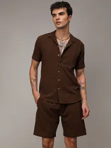 Campus Sutra Chocolate Brown Short Sleeves Textured Shirt & Shorts