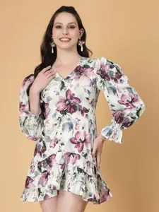 RAASSIO Floral Printed V-Neck Puff Sleeve Crepe A-Line Dress