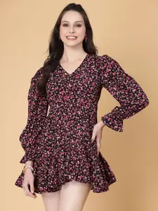 RAASSIO Floral Printed V-Neck Puff Sleeve Crepe A-Line Dress