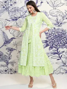 Vishudh Green Embroidered Cotton Tiered A-Line Midi Ethnic Dress With Shrug