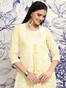 Vishudh Yellow Floral Embroidered Tiered Cotton Midi Fit & Flare Dress With Shrug