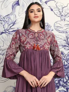 Vishudh Women Embroidered Tie-Up Neck Flared Sleeves Gathered Empire Midi Ethnic Dress