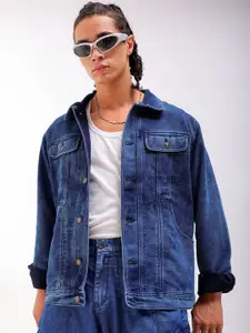 The Indian Garage Co Men Washed Checked Longline Denim Jacket with Patchwork