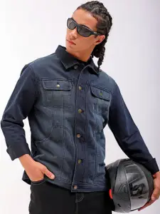 The Indian Garage Co Men Washed Checked Crop Denim Jacket with Patchwork