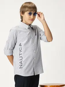 Nautica Boys Button Down Collar Roll-Up Sleeves Premium Cotton Striped Casual Shirt